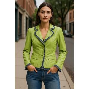 Nicola Berti Italian Leather Jacket Sz M Green Distressed Denim Trim Boho Artsy